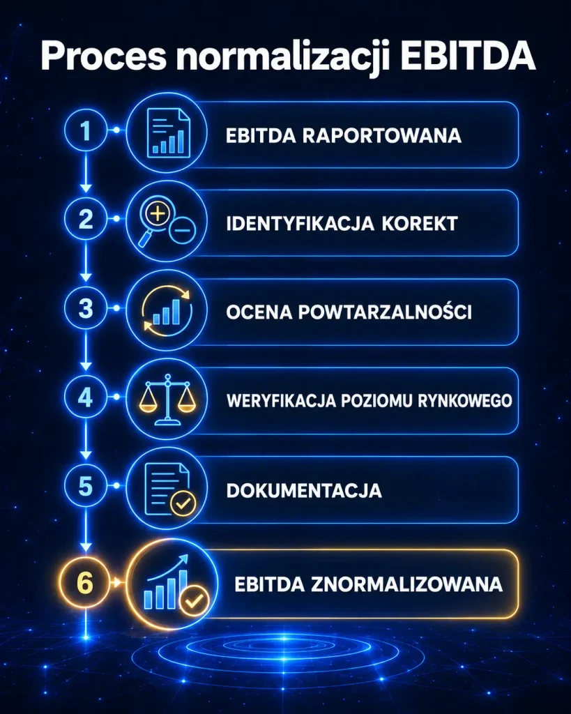 Infografika przedstawiająca proces normalizacji EBITDA: ustalenie EBITDA raportowanej, identyfikację korekt, ocenę ich powtarzalności, weryfikację poziomu rynkowego, dokumentację oraz obliczenie EBITDA znormalizowanej.