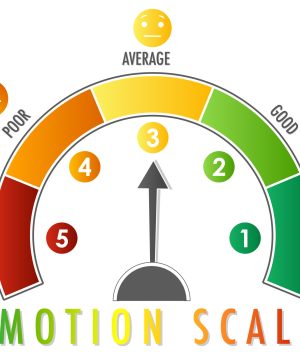 Emotional scale with arrow from green to red and face icons illustration